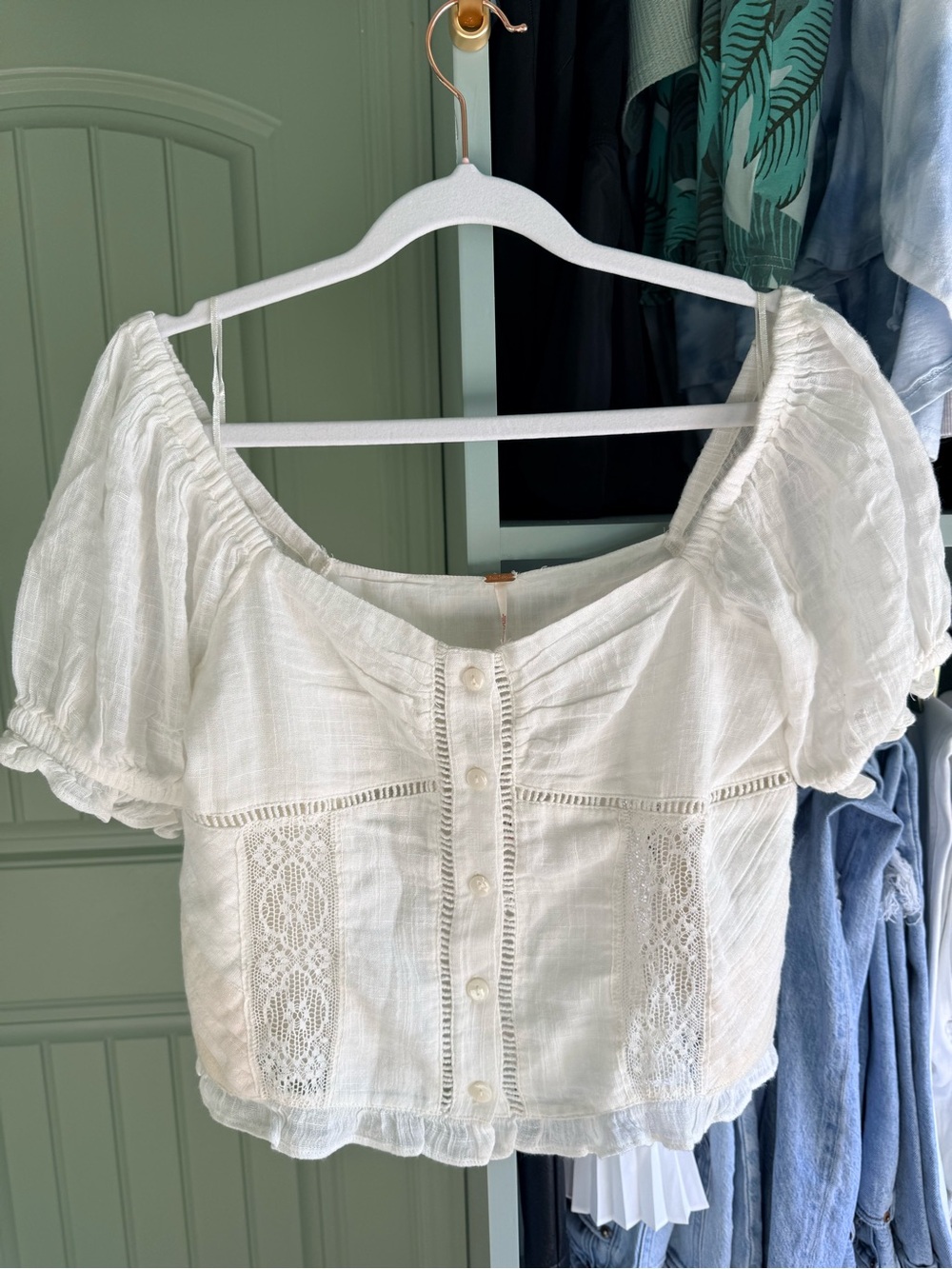 Free People White Crochet-Trim Square Neck Puff Sleeve Top - Flawed - Picture 2 of 5